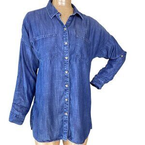 Coldwater Creek Dark Blue Chambray Button-Up Tunic Top Sz S/8 Tencel #321B